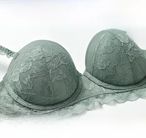 Detailed macro shot of morandi green lace floral texture and scallop edges on the bra