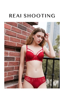 Lace lingerie set in red featuring a push-up bra and matching panties on a model