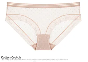 Détail d'une culotte beige en dentelle avec pois et doublure en coton pour confort
