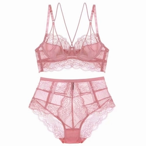 French thin pink lace lingerie set with floral embroidery and supportive underwire