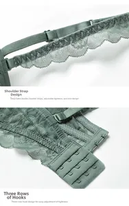 Detail view of the dark green lace bra showing adjustable straps and triple row back hook