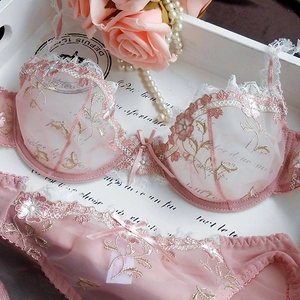 Haut et Bas Femme Style Français Dentelle Ultra-mince Floral Brodée Maille Lingerie Bretelles Réglables Sous-vêtements Sexy