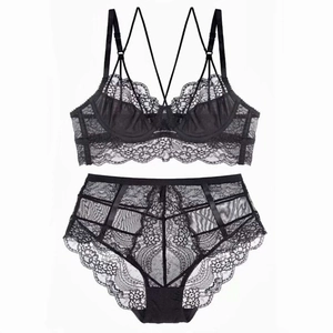 French lace lingerie set with push-up underwired bra and high-waisted sheer panties