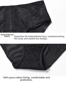 Détails de culotte en dentelle noire avec broderie exquise et entrejambe en pur coton 100%