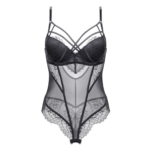 Sexy black lace bodysuit with sheer mesh panels and cross strap detailing for women