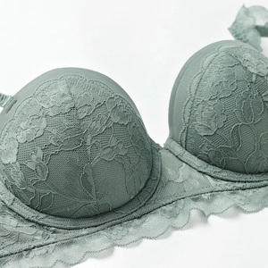 Elegant sage green lace push up bra with floral texture and scalloped edges for women