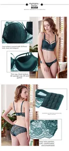 Detail view of push-up lace lingerie set in dark green with 3-row hook and eye closure