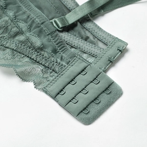 Back view of lace push-up bra featuring grey-green breathable mesh and 4-row hook closure