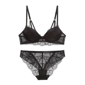 Elegantes schwarzes französisches Spitzen-Dessous-Set mit Push-Up-BH und passendem Slip