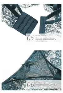 Detail of green lace bra with three-row back hooks and translucent mesh panties