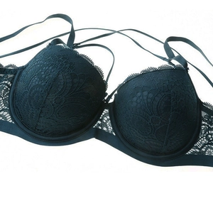 Deep blue lace push-up bra with floral embroidery and stylish multi-strap details