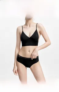 Detail von schwarzem nahtlosem V-Ausschnitt BH und passendem Spitzen-Slip am Modell