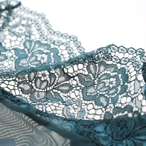 Lace low waist panties in teal featuring intricate floral embroidery and sheer mesh detail