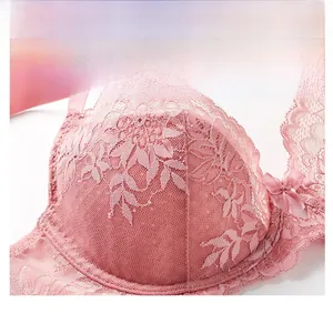 Detail of light pink lace bra featuring delicate leaf patterns and a cute bow