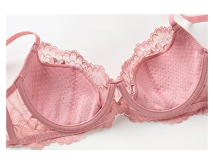 Close-up of pink eyelash lace bra showing breathable micro-mesh lining and underwire support