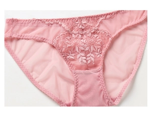 Detail of pink floral lace underwear with intricate leaf embroidery and mesh texture