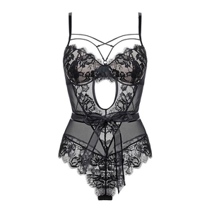 Sexy black lace bodysuit with sheer mesh panels, bow detail, and adjustable straps
