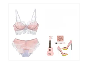 Détail de l'ensemble de lingerie en dentelle rose clair avec bordure cil et mesh fin