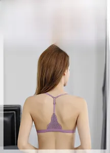 Detailed back view of purple triangle lace bralette with sexy Y-shaped beauty back design