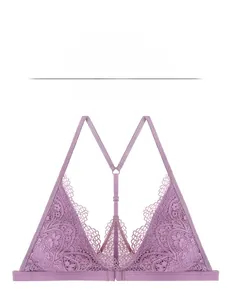 Detail of light purple French triangle cup lace bra with Y-shaped back and floral lace