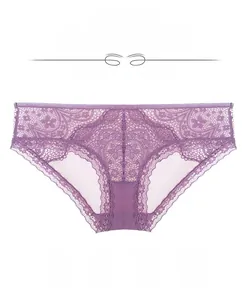 Detail of lilac lace floral panties with semi-transparent mesh and soft scallop edges