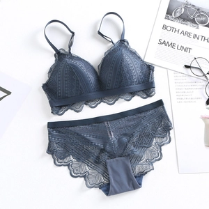Detailed view of dark blue lace bra and panty set with floral patterns on white background