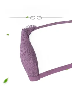 Close-up of soft purple lace bralette showing flexible non-wired cup and floral pattern
