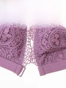 Macro detail of purple floral lace bra featuring a convenient front closure design