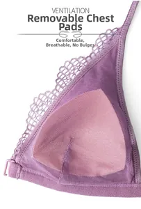 Detail view of purple lace bra with removable pads and breathable mesh fabric