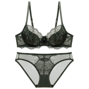 Deep forest green lace lingerie set with underwire bra and matching panty on white background
