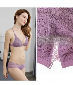 Detail of purple floral lace lingerie with convenient front closure and Y-back straps
