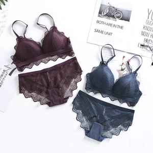 Detailed flat lay of lace lingerie sets in deep purple and dark teal colors