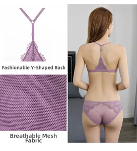 Detail of purple lace bra set with Y-shaped back strap and breathable mesh fabric