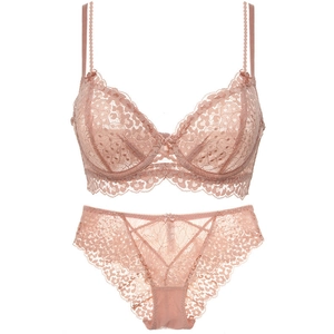 Detailed view of pink floral lace bra and matching low-rise panty set on white background
