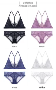 Lace bralette set with front buckle and Y-back straps in black purple blue white