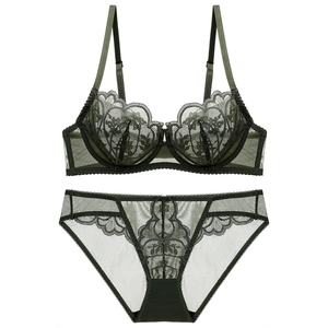 Elegant dark green lace lingerie set with floral embroidery and mesh details