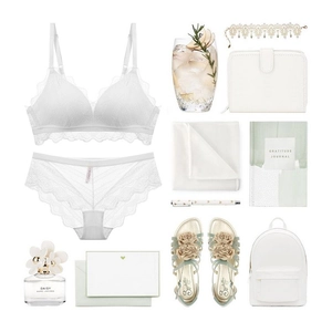 Flat lay of white lace triangle bralette set with elegant lifestyle lifestyle accessories