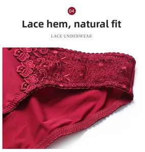 Detail of dark red lace underwear showing smooth silk fabric and intricate embroidery