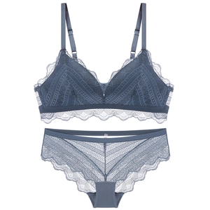 French triangle cup bralette set with blue grey floral lace and sheer mesh details