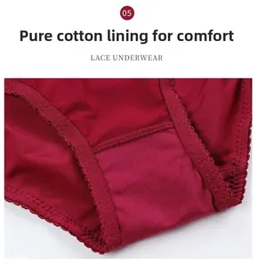 Detail of burgundy lace underwear featuring a soft pure cotton crotch for comfort