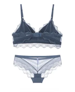Detailed view of blue lace lingerie set featuring multi-strap back design and floral lace