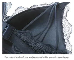 Close-up of thin cotton soft cups and intricate navy lace detailing on the wireless bra
