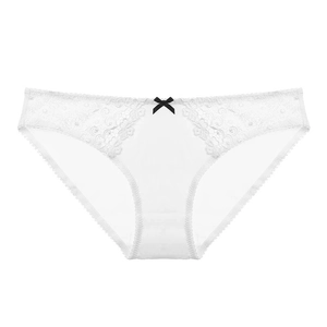 White lace embroidered low-waist briefs with a black bow and floral details