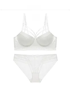 Detailed view of white lace lingerie set featuring strappy push-up bra and panties