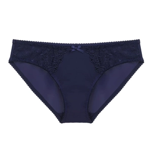 Dark blue low-rise silk panties with floral lace embroidery and satin bow detail
