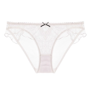 Eleganter weißer transparenter Spitzenslip mit Schleife und gewelltem Blumenrand