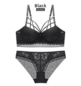 Exquisite black floral lace lingerie set featuring deep V-neck bra and matching panties
