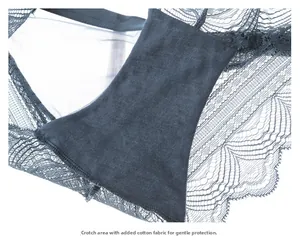 Detailed macro view of the grey blue lace underwear with a soft cotton crotch lining