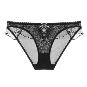 Sexy schwarze Spitzenunterwäsche für Damen mit Netzeinsätzen und kleiner Schleife