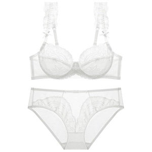 Detailed view of white floral lace embroidery and sheer mesh on thin sexy bra set